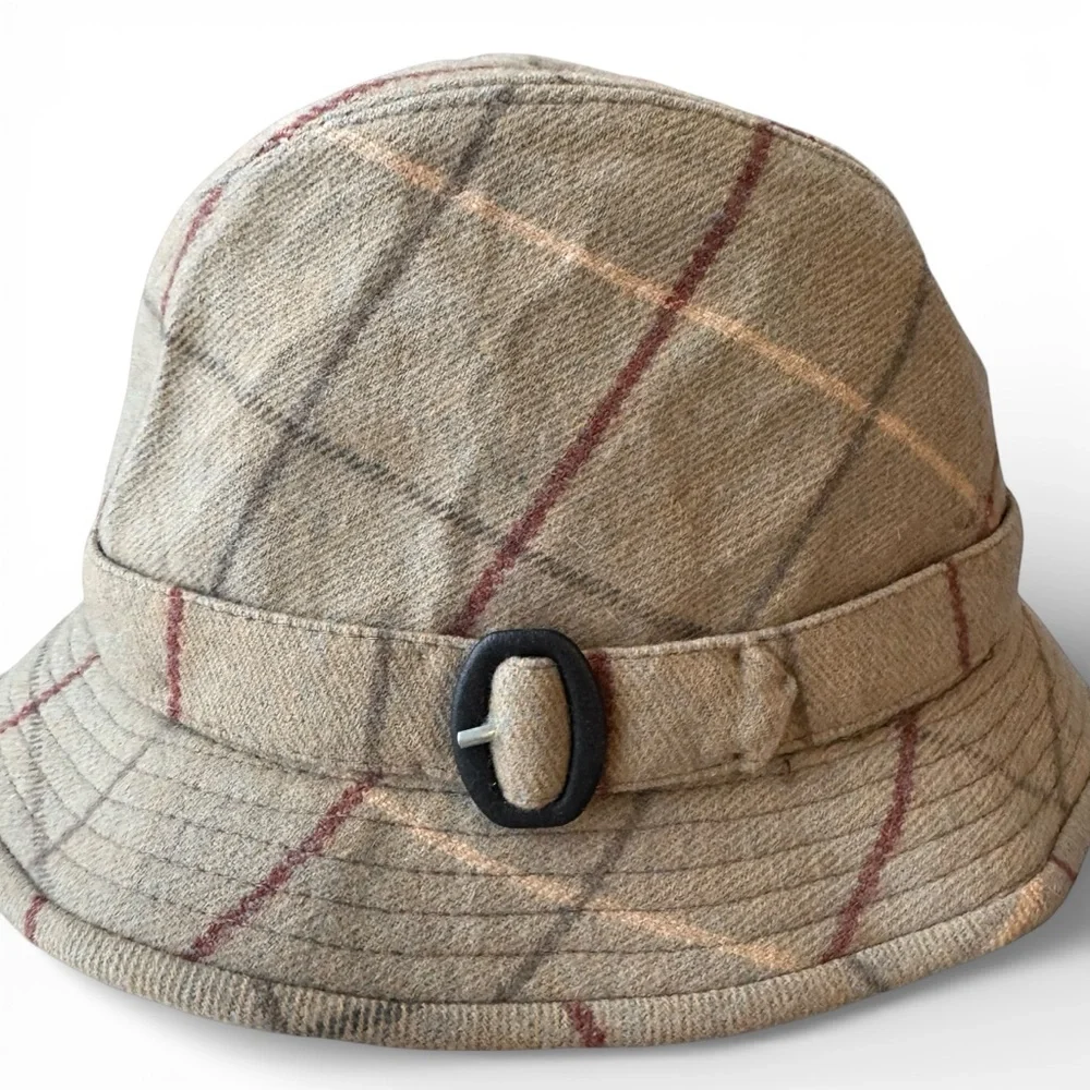 Burberry Vintage Fedora Hat Tan Plaid Windowpane Wool Multicolor Buckle 7 3/8 - Picture 3 of 13